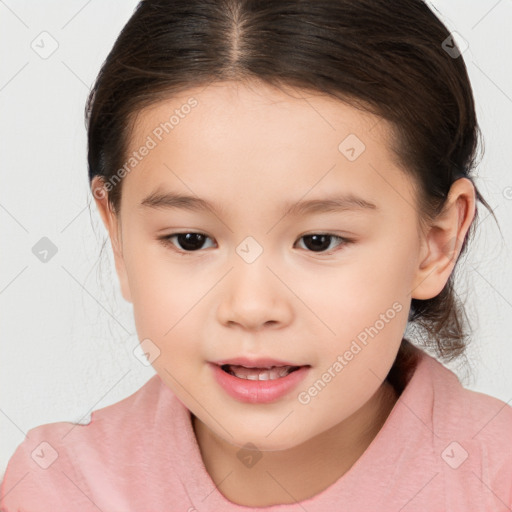 Joyful white child female with medium  brown hair and brown eyes