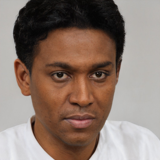 Neutral black young-adult male with short  black hair and brown eyes
