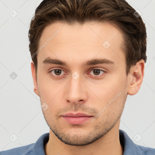 Neutral white young-adult male with short  brown hair and brown eyes