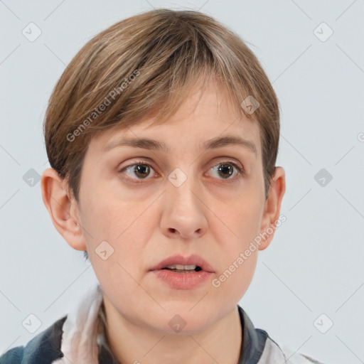 Neutral white young-adult female with medium  brown hair and brown eyes