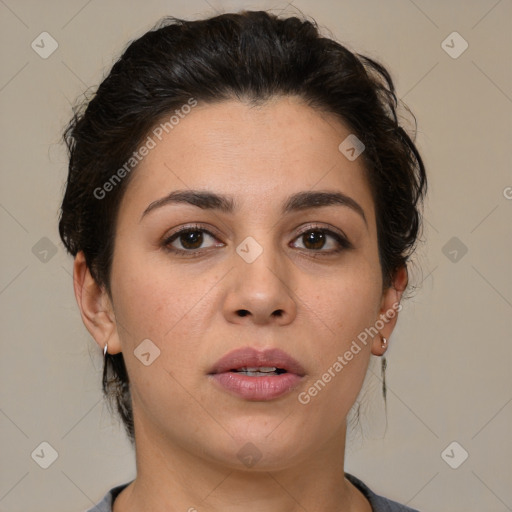 Neutral white young-adult female with short  brown hair and brown eyes