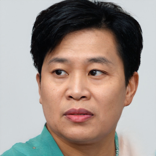 Joyful asian adult male with short  black hair and brown eyes