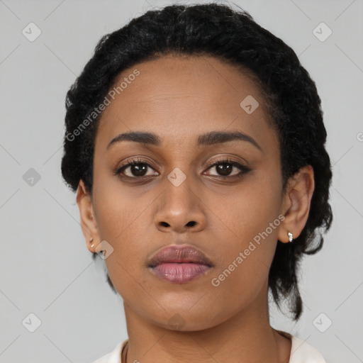 Neutral black young-adult female with short  black hair and brown eyes