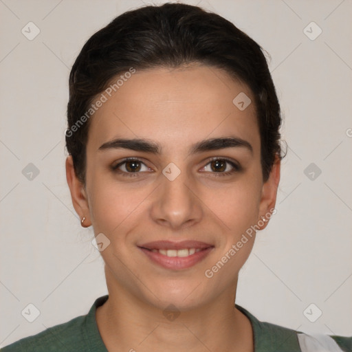 Joyful white young-adult female with short  brown hair and brown eyes