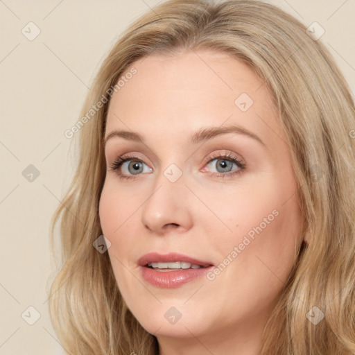 Joyful white young-adult female with long  brown hair and blue eyes