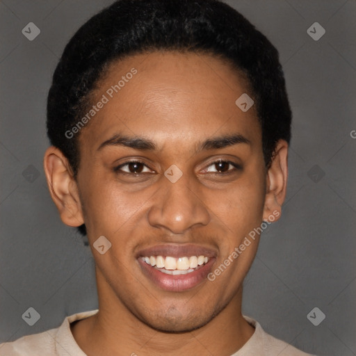 Joyful latino young-adult male with short  brown hair and brown eyes