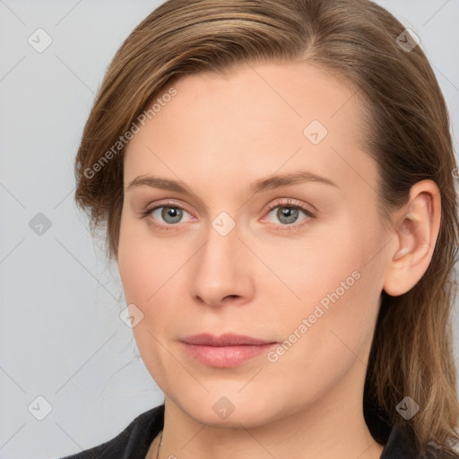 Neutral white young-adult female with long  brown hair and brown eyes