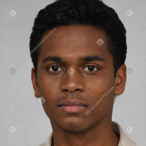 Neutral black young-adult male with short  black hair and brown eyes