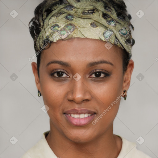 Joyful latino young-adult female with short  black hair and brown eyes