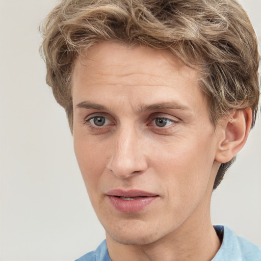 Joyful white adult male with short  brown hair and grey eyes