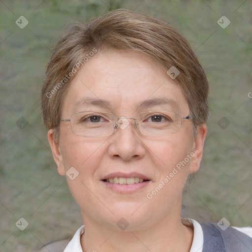 Joyful white adult female with short  brown hair and brown eyes