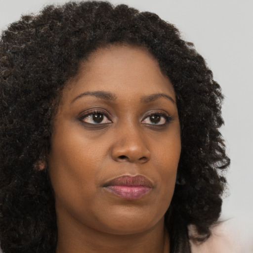 Joyful black young-adult female with long  brown hair and brown eyes