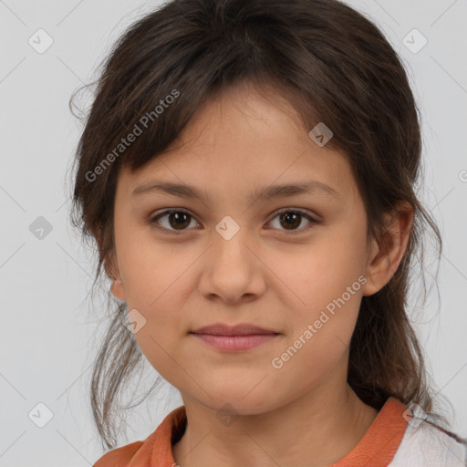 Joyful white child female with medium  brown hair and brown eyes