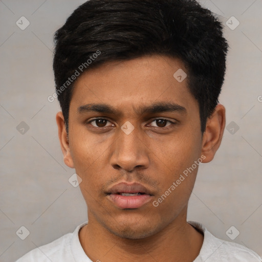 Neutral latino young-adult male with short  black hair and brown eyes