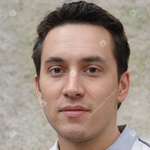 Neutral white young-adult male with short  brown hair and brown eyes