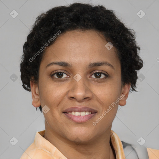 Joyful latino young-adult female with short  brown hair and brown eyes