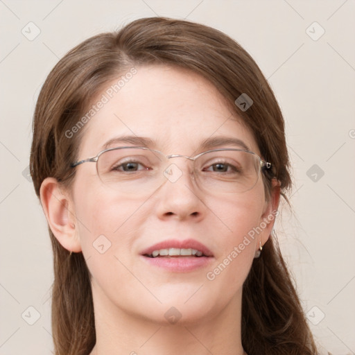 Joyful white young-adult female with long  brown hair and blue eyes