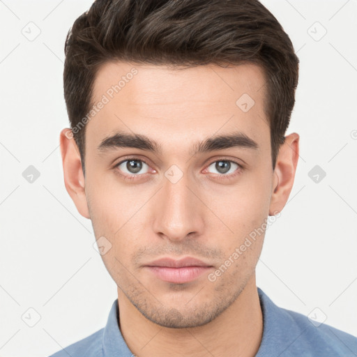 Neutral white young-adult male with short  brown hair and brown eyes