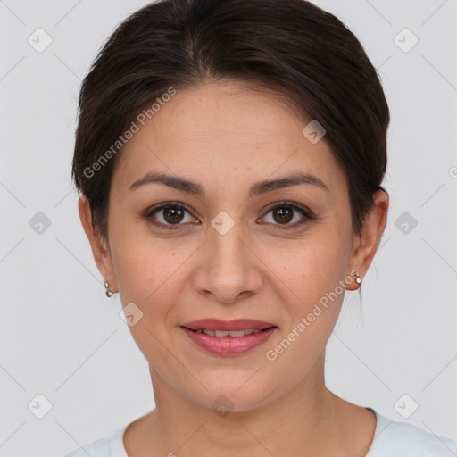 Joyful white young-adult female with medium  brown hair and brown eyes