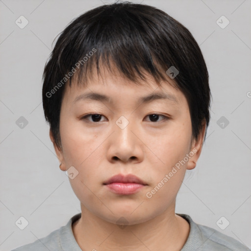 Neutral asian young-adult female with short  brown hair and brown eyes