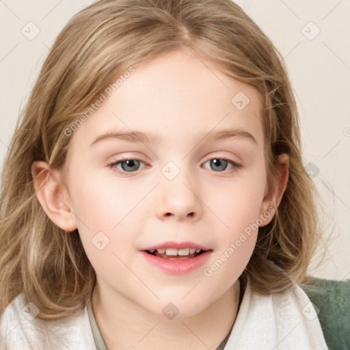 Joyful white child female with medium  brown hair and blue eyes