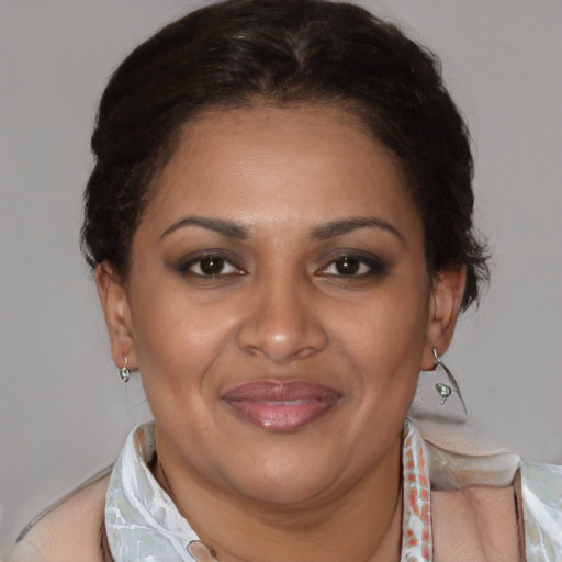 Joyful latino adult female with short  brown hair and brown eyes