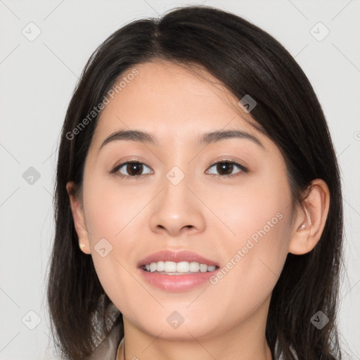 Joyful white young-adult female with long  brown hair and brown eyes