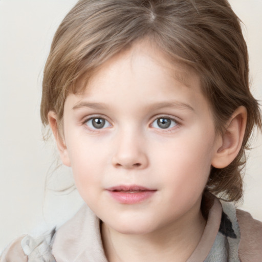 Neutral white child female with medium  brown hair and grey eyes