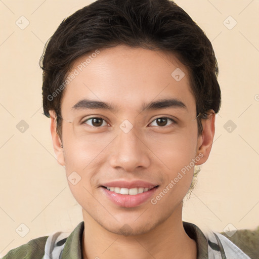 Joyful white young-adult male with short  brown hair and brown eyes