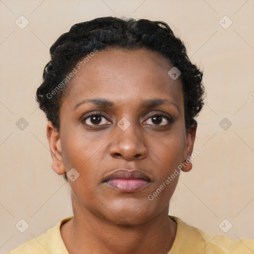 Neutral black young-adult female with short  black hair and brown eyes