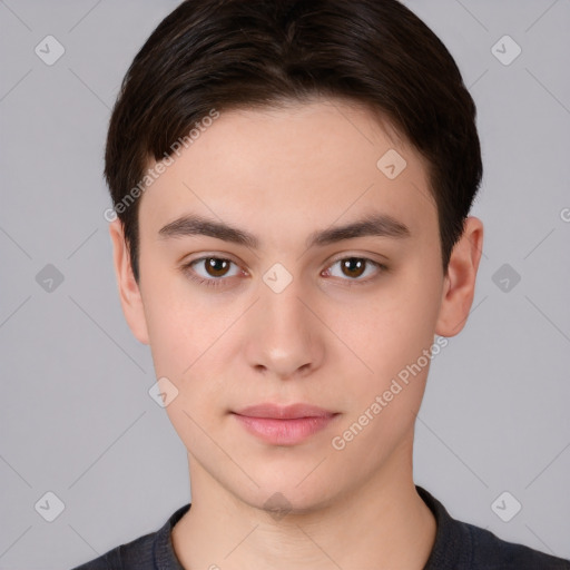 Neutral white young-adult male with short  brown hair and brown eyes