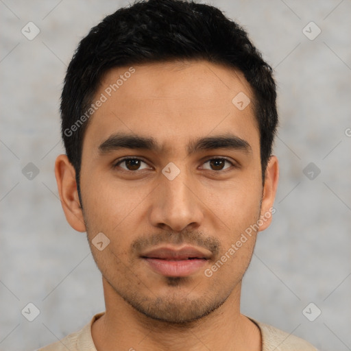 Neutral asian young-adult male with short  black hair and brown eyes