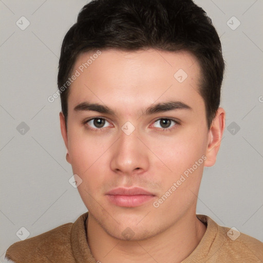 Neutral white young-adult male with short  brown hair and brown eyes