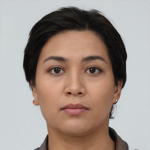 Neutral asian young-adult female with short  black hair and brown eyes