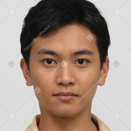 Neutral asian young-adult male with short  brown hair and brown eyes