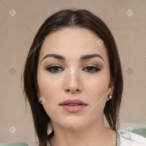 Neutral white young-adult female with medium  brown hair and brown eyes