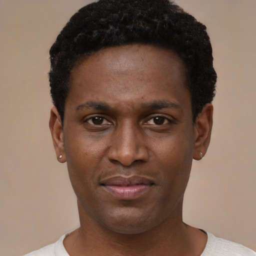 Neutral black young-adult male with short  black hair and brown eyes