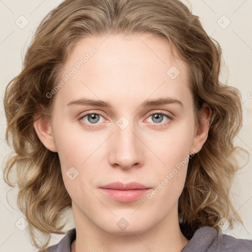 Neutral white young-adult female with medium  brown hair and blue eyes