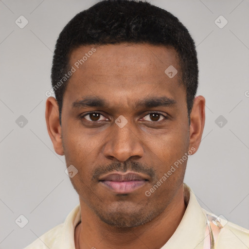 Neutral latino young-adult male with short  black hair and brown eyes