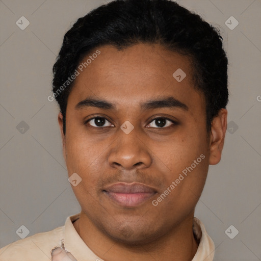 Neutral latino young-adult male with short  black hair and brown eyes