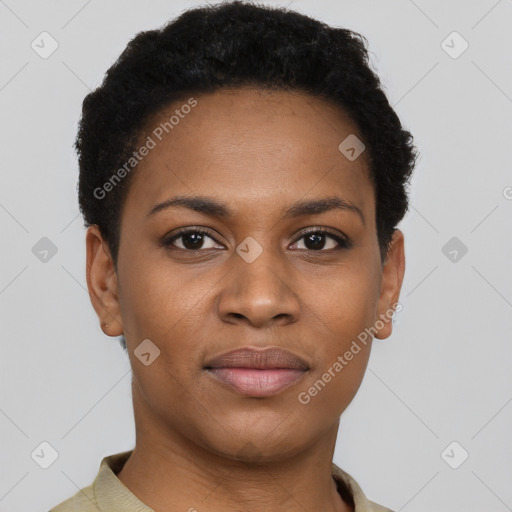 Joyful black young-adult female with short  black hair and brown eyes