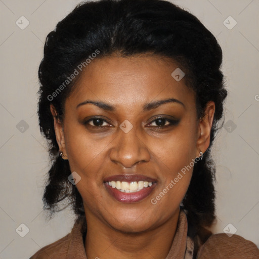 Joyful black young-adult female with medium  black hair and brown eyes