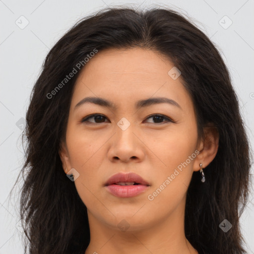 Joyful asian young-adult female with long  brown hair and brown eyes