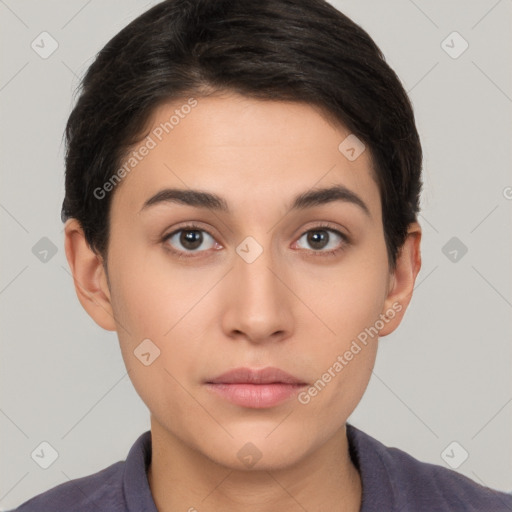 Neutral white young-adult female with short  brown hair and brown eyes