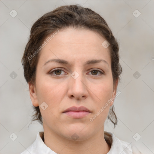 Neutral white young-adult female with medium  brown hair and brown eyes