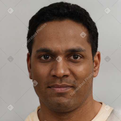 Neutral black young-adult male with short  black hair and brown eyes