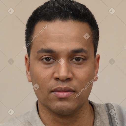 Neutral latino young-adult male with short  black hair and brown eyes