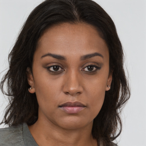 Neutral asian young-adult female with long  brown hair and brown eyes