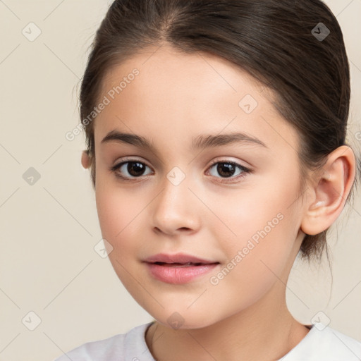 Joyful white child female with medium  brown hair and brown eyes