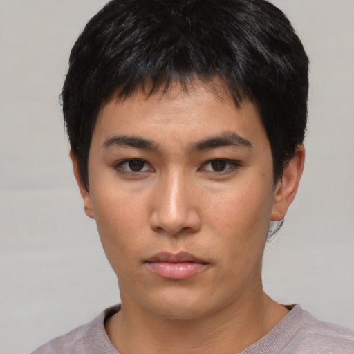 Neutral asian young-adult male with short  black hair and brown eyes